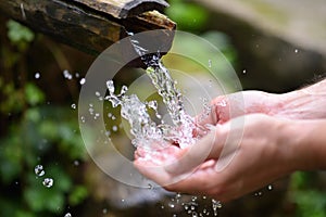 Man washing hands in fresh, cold, potable water photo