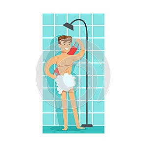 Man Washing Himself With Washcloth In Shower, Part Of People In The Bathroom Doing Their Routine Hygiene Procedures