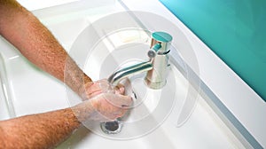 Man washing his Hands to prevent virus infection and clean dirty hands