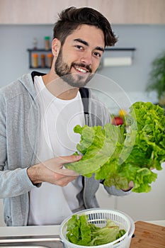 man washing lettuce at home