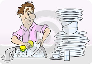 Man is washing up dishes photo