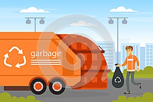 Man Waste Collector or Garbageman in Orange Uniform Collecting Municipal Solid Waste and Recyclables in Garbage Truck