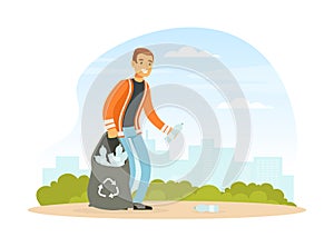Man Waste Collector or Garbageman in Orange Uniform Collecting Plastic Bottle for Recycling Vector Illustration