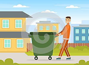 Man Waste Collector or Garbageman in Orange Uniform Pushing Dustbin with Municipal Solid Waste and Recyclables Vector