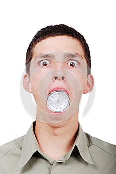 man with a watch in his mouth