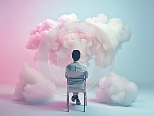 Man watching clouds filling a room. Contemplation, dreaming background.