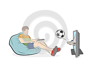 Man watching football. a soccer ball crashes out their tv screen. vector illustration.