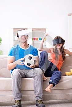 The man watching football on virtual reality vr glasses