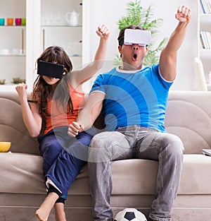 Man watching football on virtual reality vr glasses