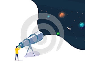 Man Watching Night Starry Sky through Telescope. Astronomy Science Hobby, Isolated Illustration. Guy Looking at Stars