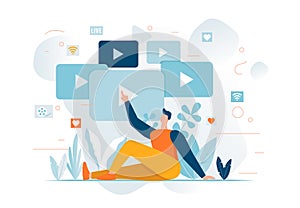 Man watching Online cinema Cartoon character. Streaming video social media concept. Play button, choosing content