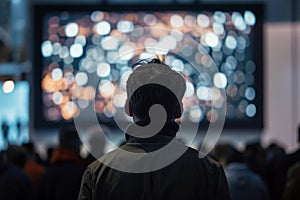 Man watching a presentation in a crowded hall