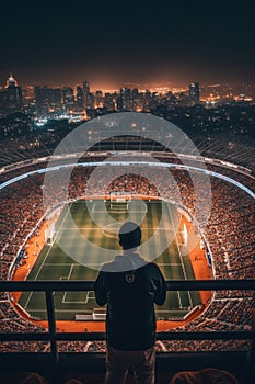 A man watching a soccer match in a stadium. Generative AI image.