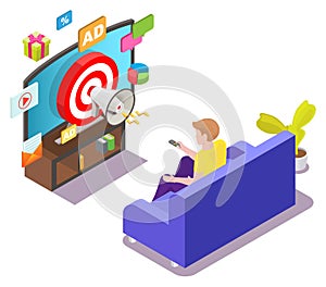 Man watching targeted tv ads, vector isometric illustration. Addressable TV advertising technologies, target marketing.