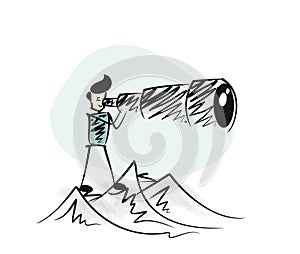 Man watching through telescope top of mountain.