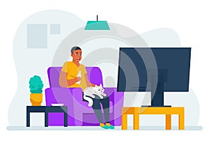 Man watching tv. Cartoon guy sitting on sofa at home and watching movie or documentary on streaming service. Vector man photo
