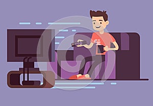 Man watching TV and drinking coffee on sofa in home room interior vector illustration