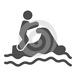 Man with water scooter on waves solid icon, waterpark concept, Jet Ski Sport sign on white background, water scooter