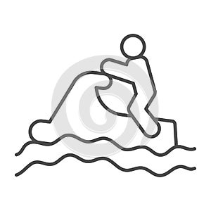 Man with water scooter on waves thin line icon, waterpark concept, Jet Ski Sport sign on white background, water scooter