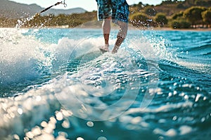 A man is water skiing at a resort. Only the legs and rope are visible. Copy space