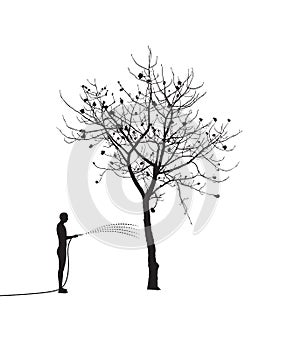 Man watering a dead bare tree. vector