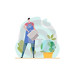 Man watering Earth planet with watering can. World Environment Day. Concept of environment, ecology, nature protection. Vector