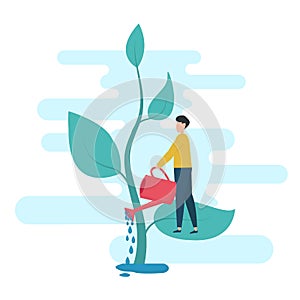 Man Watering Plant Cultivating Tree Over White Background, Vector, Square