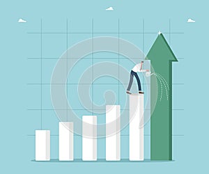 Man waters graph column in form of growing arrow