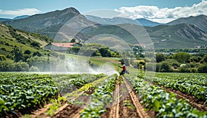 A man waters plants with a sprinkler in a rural field