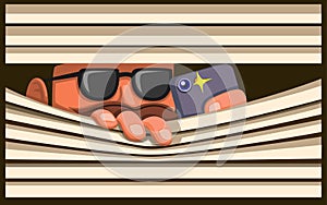 Man Wear Black Glasses Capture Photo with Smartphone behind Curtain, guy hiding and taking picture scene concept cartoon illustrat