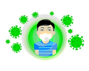 Man wear mask in covid-19 outbreak with flat design vector illustration