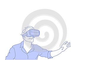 Man wear vr modern 3d glasses playing virtual reality games concept sketch doodle horizontal male portrait