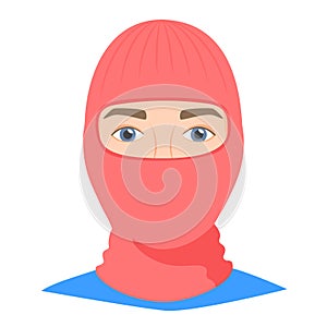 Man wearing balaclava helmet. Trendy worm headgear for cold weather. Facial mask for the whole head to wear under helmet
