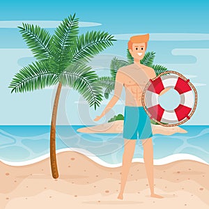 man wearing bathing shorts with float and palms trees