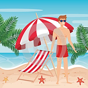 man wearing bathing shorts with sunglasses and tanning chair with umbrella