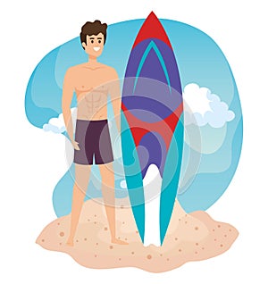 man wearing bathing shorts with surfboard in the beach