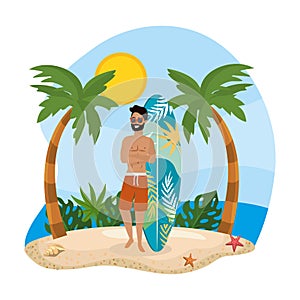 Man wearing bathing shorts with surfboard and palms trees