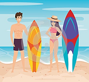 man wearing bathing shorts with surfboard and woman wearing swimsuit with hat and sunglasses