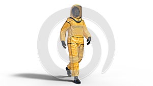 Man wearing biohazard protective outfit, human with gas mask dressed in hazmat suit for toxic and chemicals protection, 3D