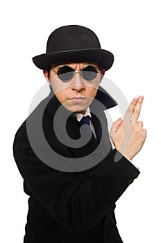 Man wearing black coat isolated on white