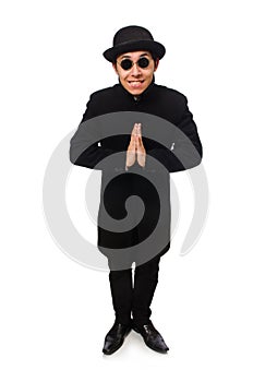 Man wearing black coat isolated on white