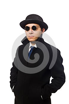 Man wearing black coat isolated on the white