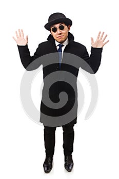 Man wearing black coat isolated on the white