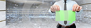 Man Wearing Black Tie Holding Empty Page Chat Box Around Futuristic Technology. Employee Presenting Blank Workbook