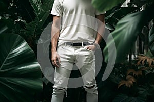 Man wearing blank white t-shirt and jeans stands surrounded by tropical plants