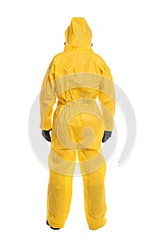 Man wearing chemical protective suit on background, back view. Virus research