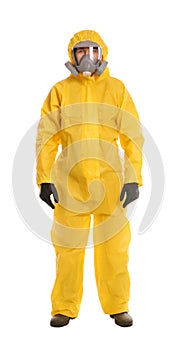 Man wearing chemical protective suit on background. Virus research