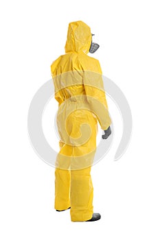 Man wearing chemical protective suit on background. Virus research