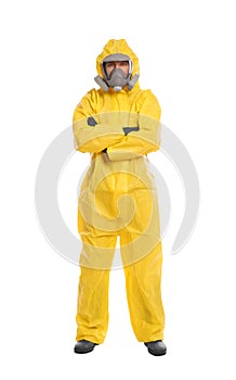 Man wearing chemical protective suit on background. Virus research