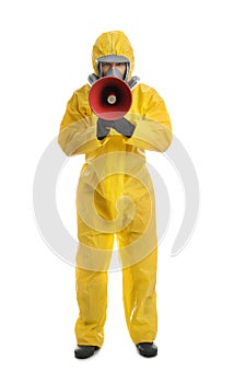 Man wearing chemical protective suit with megaphone on background. Prevention of virus spread